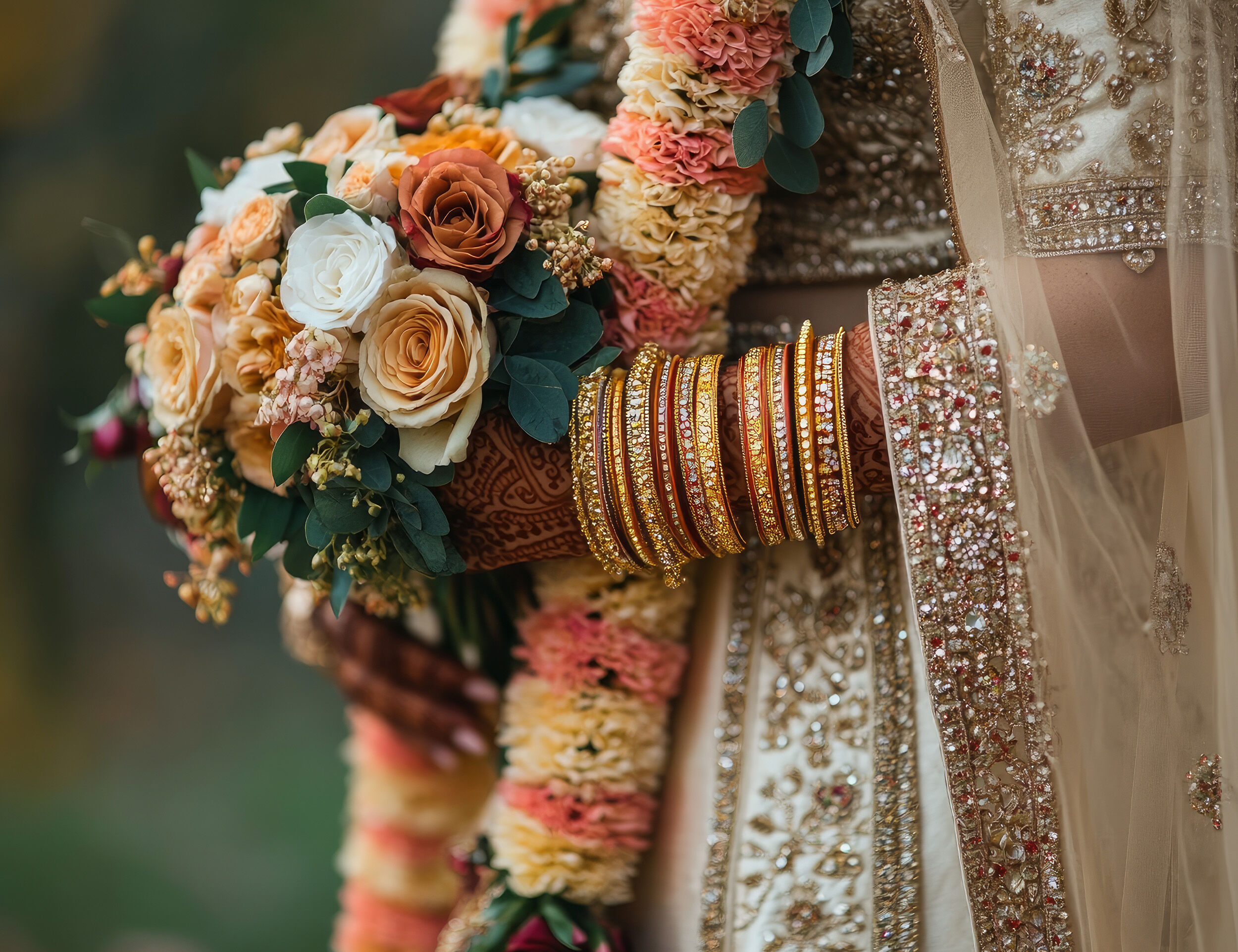 Bride in an elegant saree holding a colorful flower bouquet, capturing timeless wedding beauty